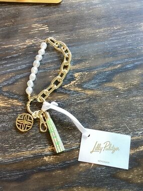 Lilly Pulitzer Gold, White Pearl and Leatherette Tassel Keychain